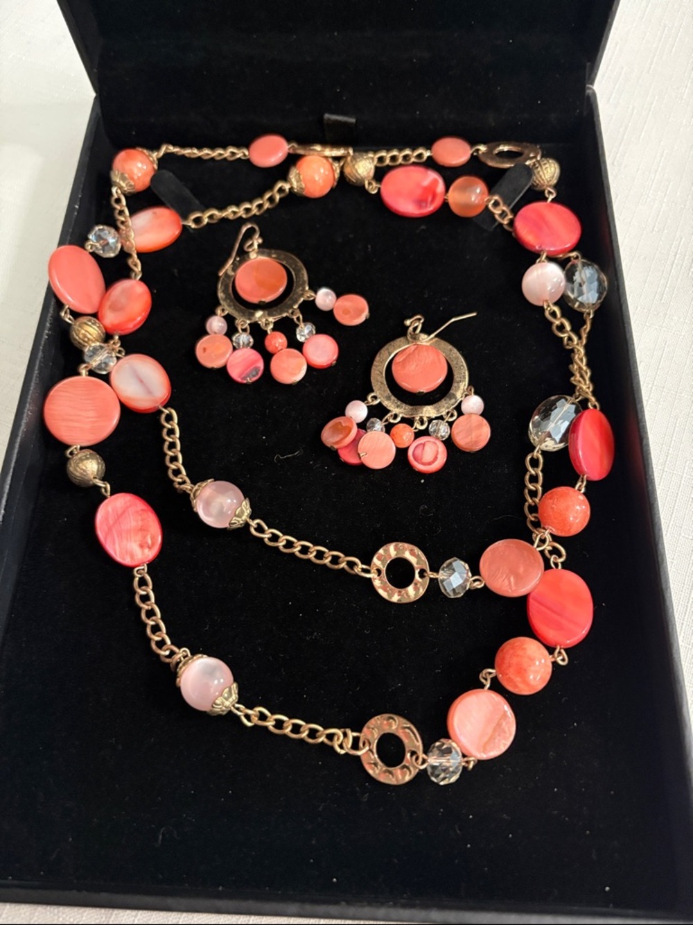 Gold-Tone Coral Bead Necklace and Earrings Set